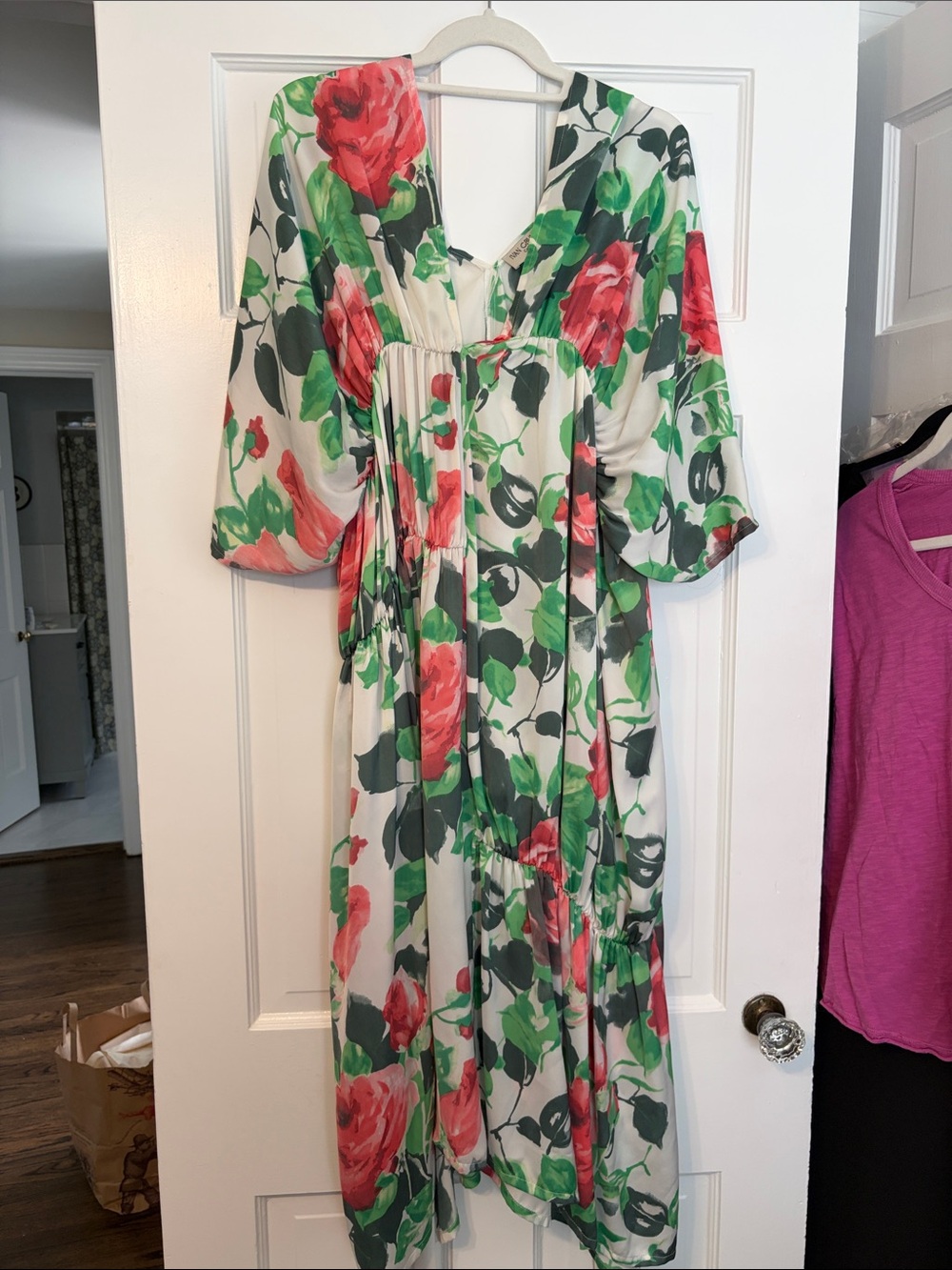 Floral V-Neck Maxi Dress in Cream with Red Roses